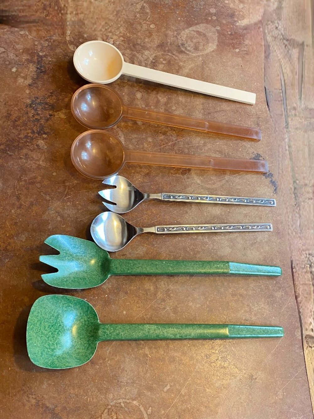 LOT VTG Salad Serving Utensils Green Speckled Melamine Flintwood Dansk Oneida